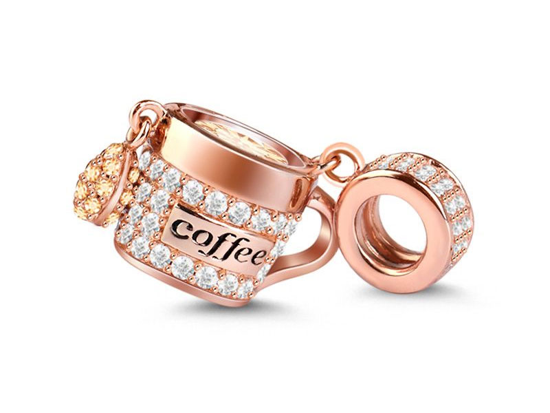 Gnoce Women's Coffee Charm Sterling Silver Pendant 18k Rose Gold Plated with Cz