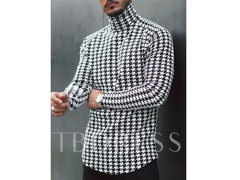 Houndstooth Casual Turtleneck Slim Men's T-shirt  