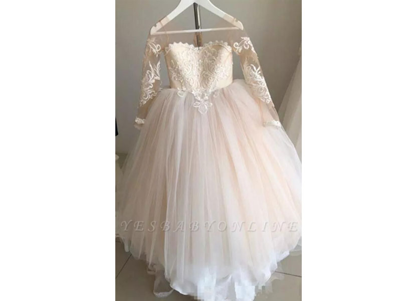 Princess Jewel Long Sleeves Train Lace Tulle Flower Girl's Dresses With Bowk