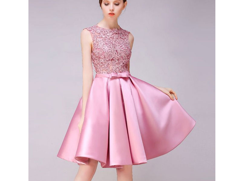 Women's Modest A-line Homecoming Dress Pink Scoop Satin Short Prom Dress
