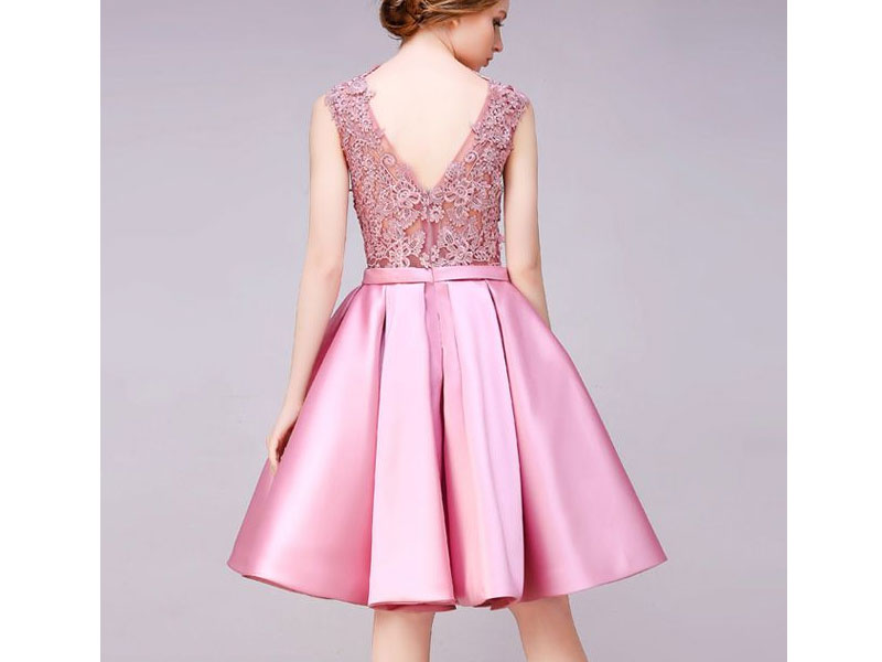 Women's Modest A-line Homecoming Dress Pink Scoop Satin Short Prom Dress