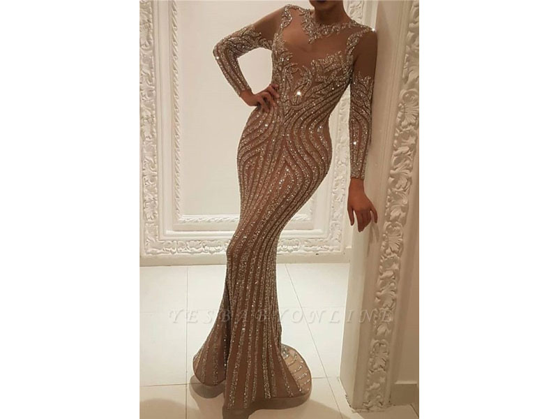 Women's High Neck Long Sleeve Applique Sequined Length Sheath Prom Dress