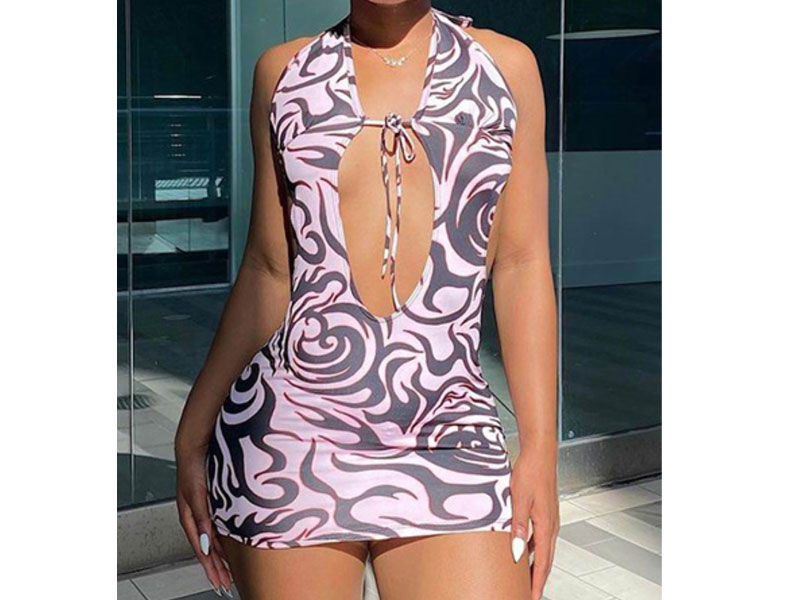 Lovely Sexy Print Backless Bandage Design Pink Mini Dress For Women