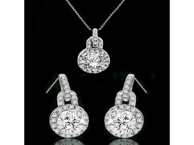 Diamond Veneer Women's Round Diamond Veneer Cubic Sterling Pendant and Earring