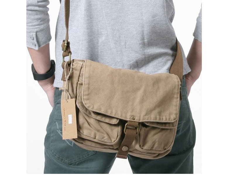 Virginland City Satchel Compact Canvas Messenger Bag Khaki Tan