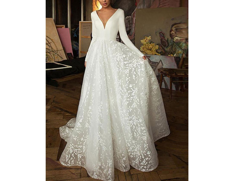 Women's CPS1843 Long Sleeve V-neck Boho Bridal Gowns Backless Lace Wedding Dress