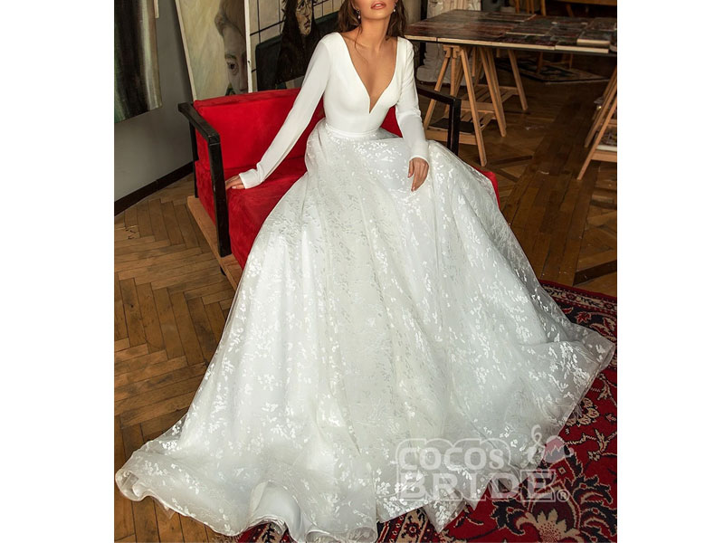 Women's CPS1843 Long Sleeve V-neck Boho Bridal Gowns Backless Lace Wedding Dress