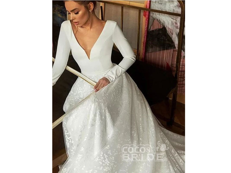 Women's CPS1843 Long Sleeve V-neck Boho Bridal Gowns Backless Lace Wedding Dress