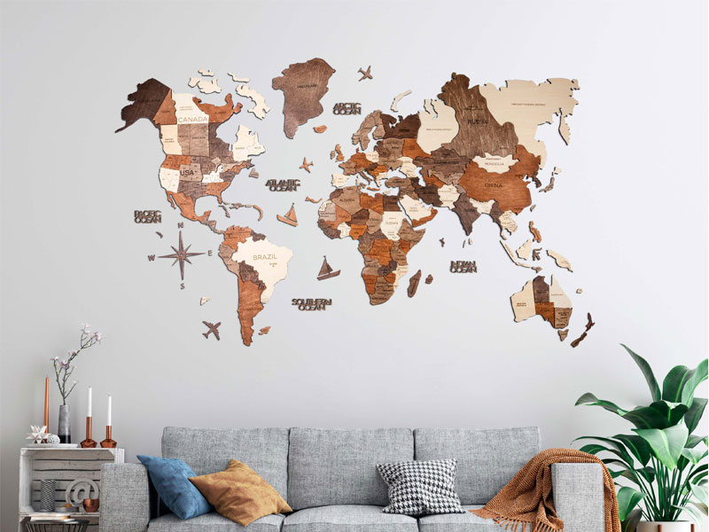 Multicolored 3D Wooden World Map