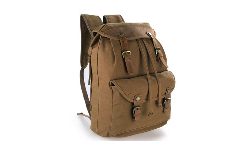 Central Park Vintage Canvas & Leather Rugged Day Backpack-Brown