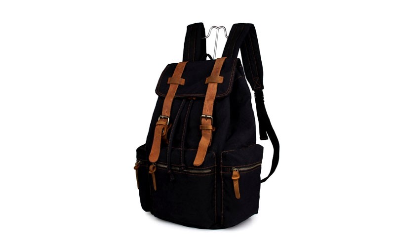 Costa Azul Vintage Canvas & Leather Rugged Day Backpack-Black