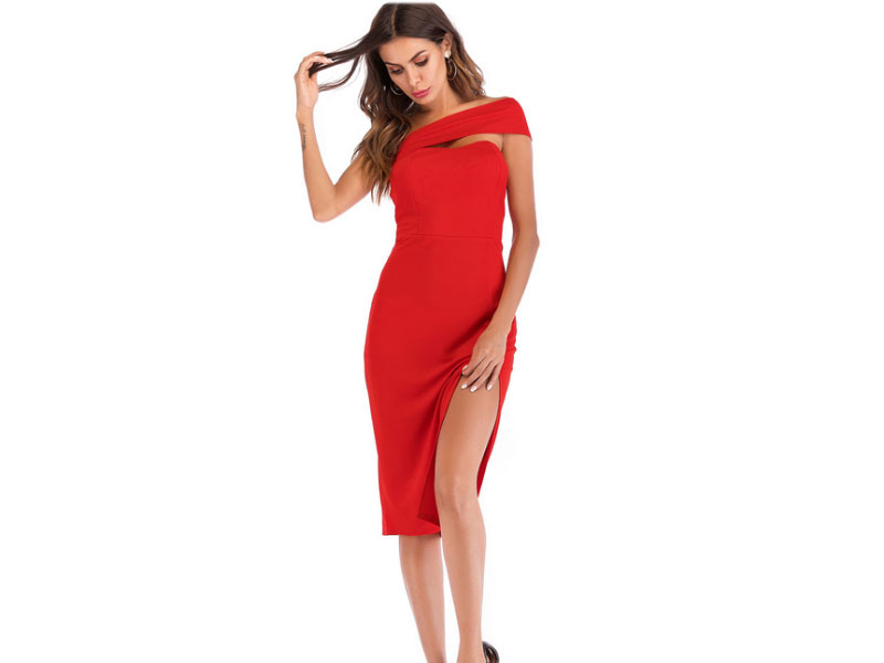 Women's Red Party Dress One Shoulder Bodycon Dress Sexy Midi Dress