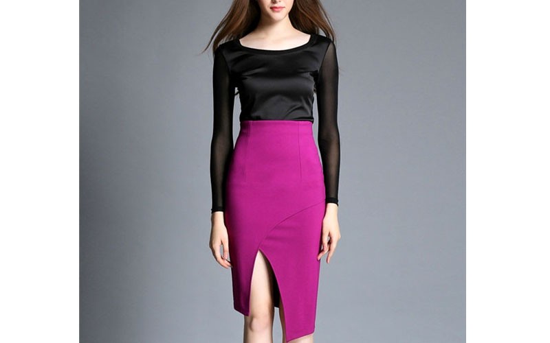 Purple High Waist Pencil Skirt with Split Hem