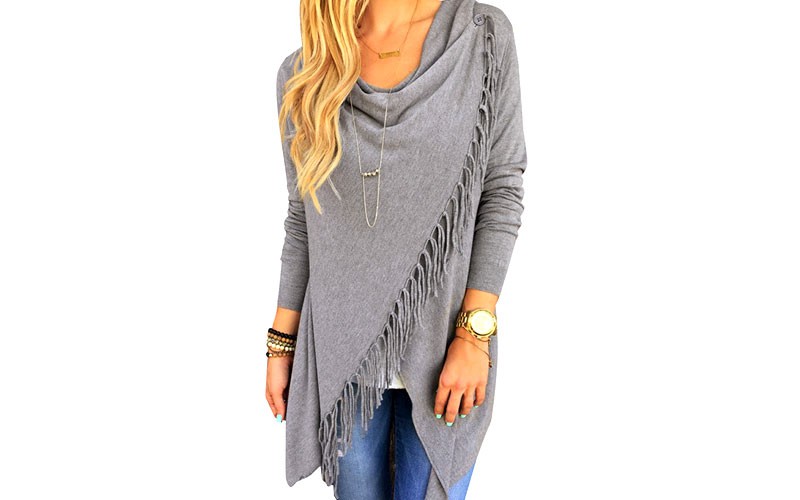 Grey Top with Tassel Details and Irregular Hem