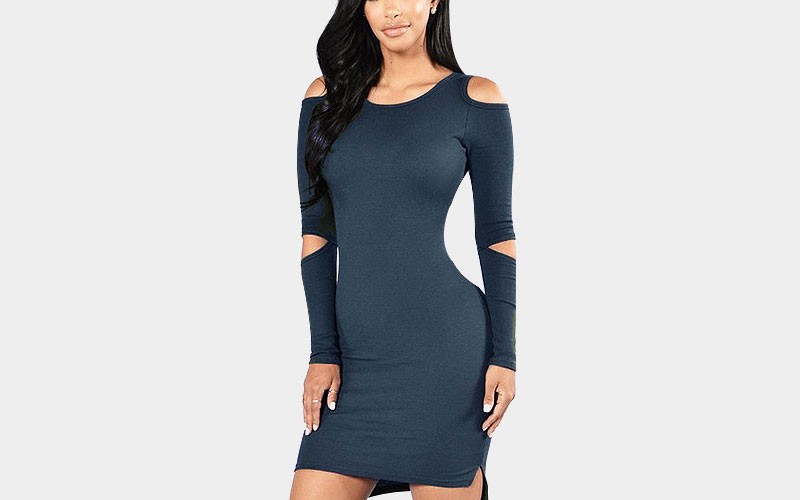 Knit Round Neck Cold Shoulder Mini Dress in Atrovirens