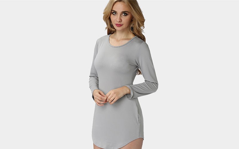 Grey Fleece Lined Pullover Curved Hem Bodycon Fit Dress