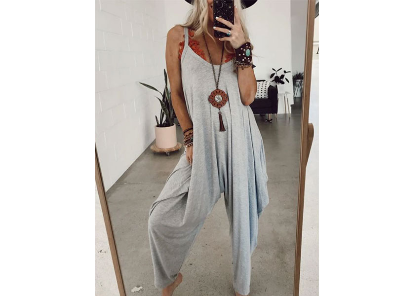 Women's Gray Sleeveless Solid Round Neck Casual Jumpsuit