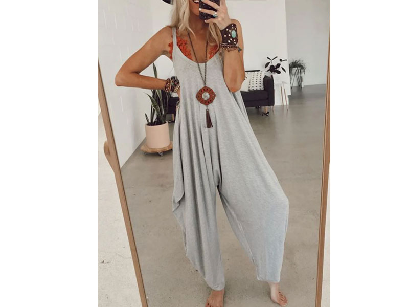 Women's Gray Sleeveless Solid Round Neck Casual Jumpsuit