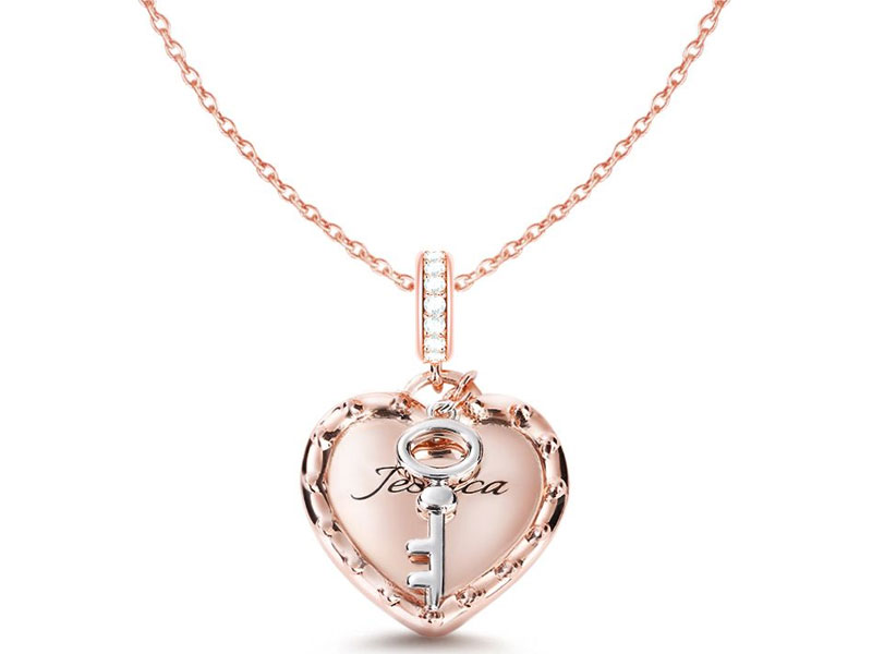 Women's Heart & Key Necklace Rose Gold S925 Silver Pearl Chain