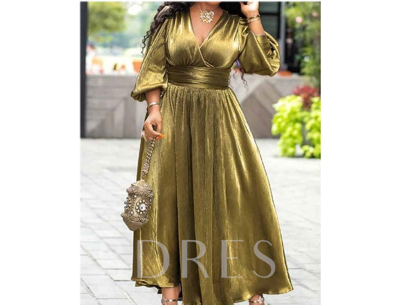 V-Neck Three-Quarter Sleeve Split Floor-Length High Waist Women's Maxi Dress