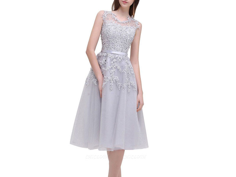 Women's AA Chicloth A-Line Crew Tea Length Lace Appliques Short Prom Dresses