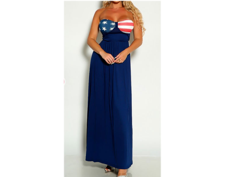 American Flag Print Detail Strapless Navy Maxi Dress