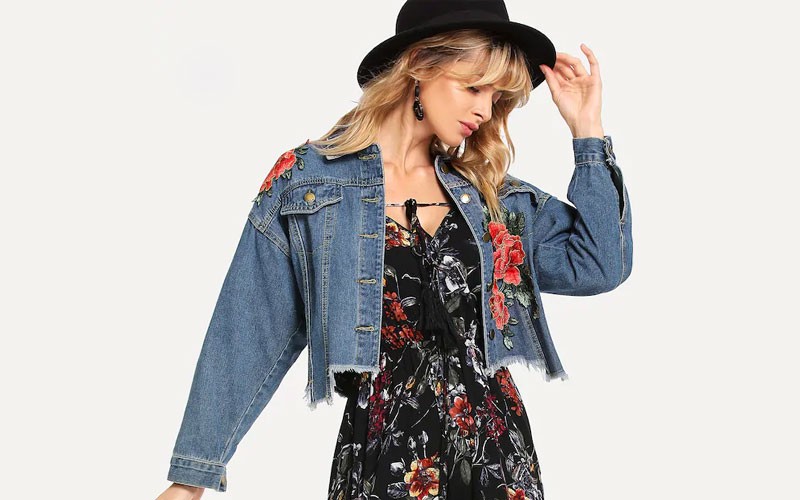 Embroidered Appliques Drop Shoulder Distressed Denim Jacket