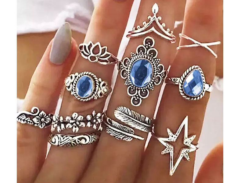 Women's 11Pcs Inlaid Rhinestone Flower Palm Leaf Star Ring Set