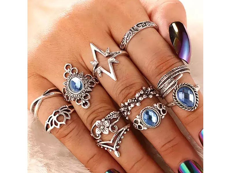 Women's 11Pcs Inlaid Rhinestone Flower Palm Leaf Star Ring Set