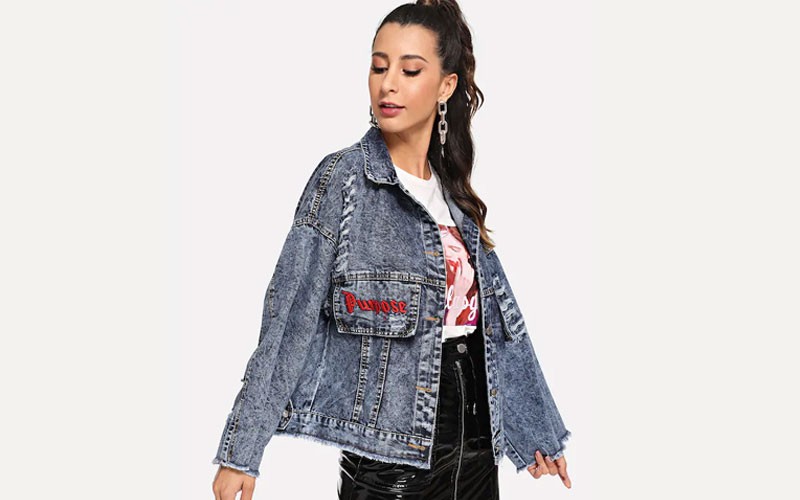 Ripped Raw Hem Letter Embroidered Denim Jacket