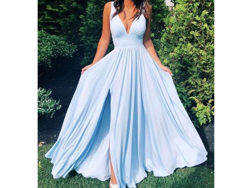 Women's Deep V Neck Light Blue Long Prom Simple Flowy Bridesmaid Dresses