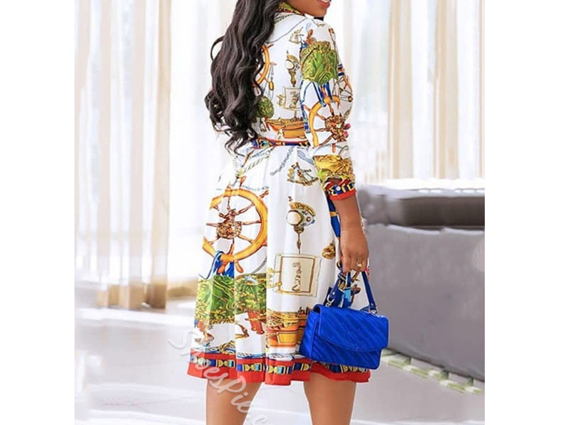 Print Three-Quarter Sleeve Lapel Geometric Women's Dress