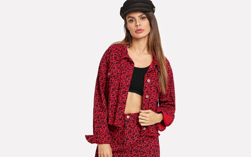 Shein Leopard Print Raw Hem Buttoned Denim Jacket