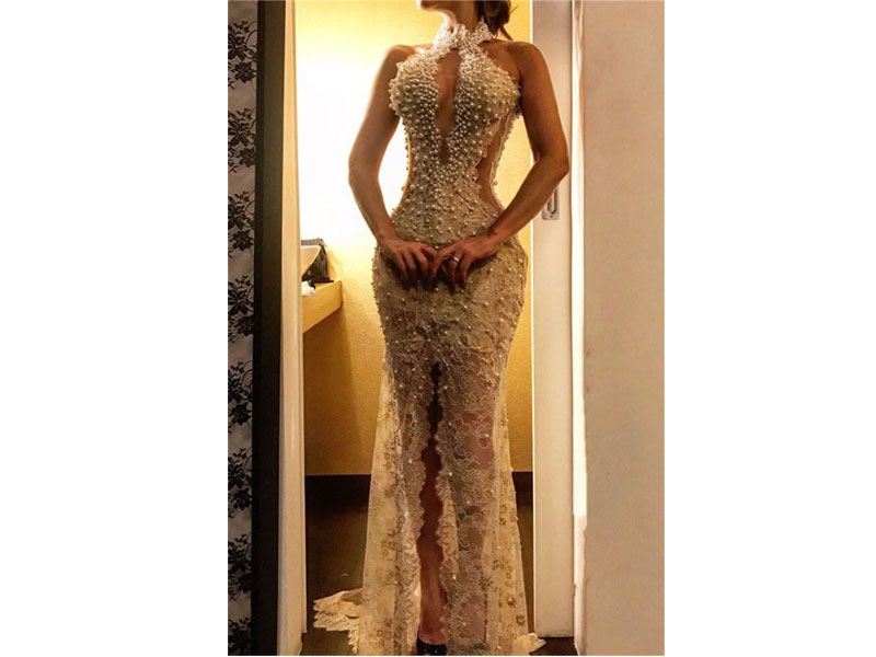 Women's Pearls Front-slit Lace Sheath Long Halter Prom Dress