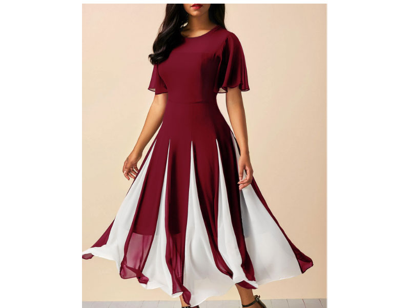 Women's Modlily Design Round Neck Short Sleeve Wine Red Dress