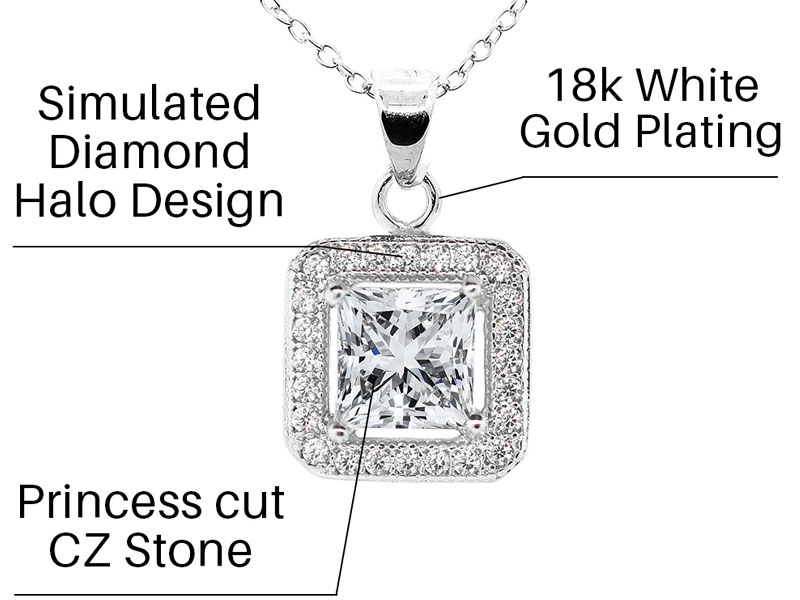 Cate & Chloe 18k White Gold Plated Princess Cut CZ Crystal Pendant Necklace