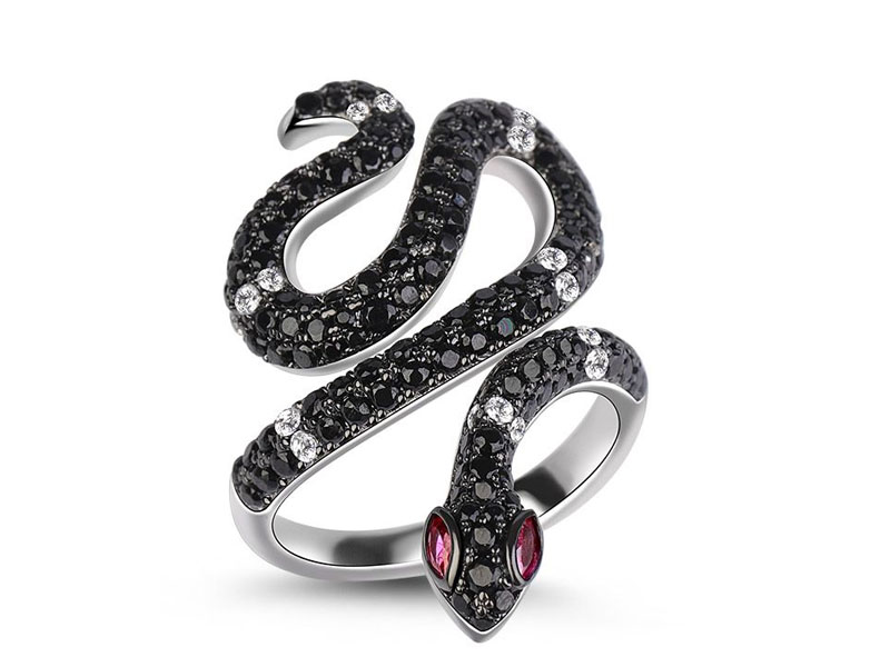 Black Snake Ring 925 Sterling Silver With Black Stones For Women