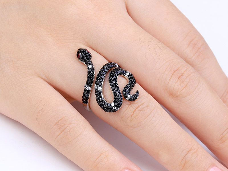 Black Snake Ring 925 Sterling Silver With Black Stones For Women
