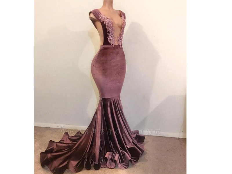 Women's Sexy Mermaid Sleeveless Floor Ength Appliques Velvet Prom Dresses