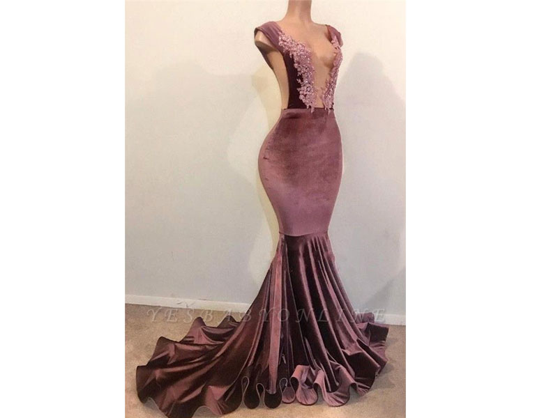 Women's Sexy Mermaid Sleeveless Floor Ength Appliques Velvet Prom Dresses