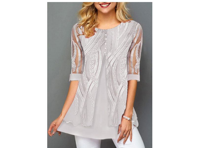 Women's Rotita Layered Hem Round Neck Lace Panel T Shirt