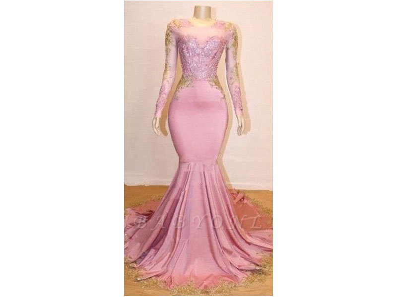 Women's Pink Appliques Long Sleeves Prom Dresses 2019 Gorgeous Mermaid Evening