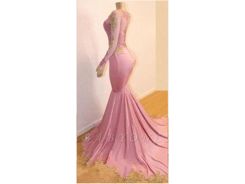 Women's Pink Appliques Long Sleeves Prom Dresses 2019 Gorgeous Mermaid Evening