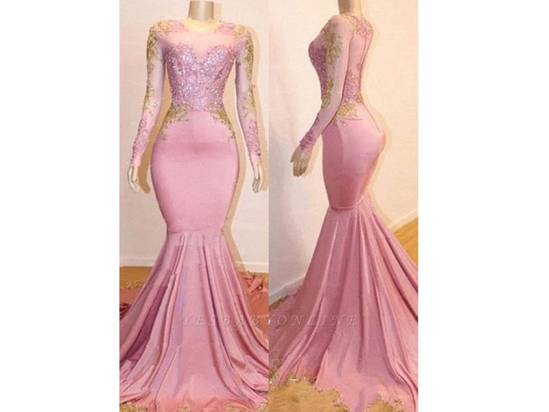 Women's Pink Appliques Long Sleeves Prom Dresses 2019 Gorgeous Mermaid Evening