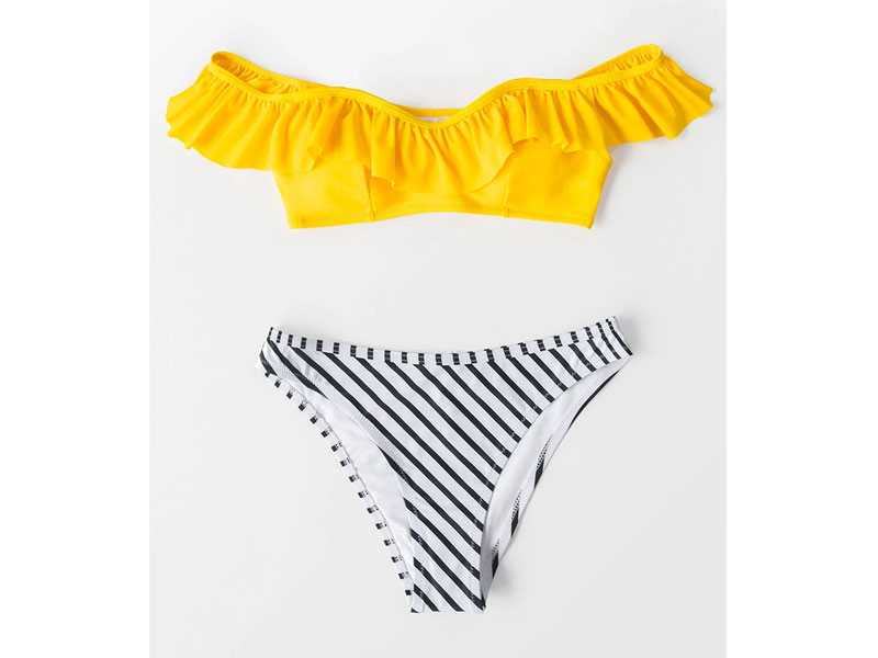 Women's Yellow And Striped Ruffle Cold Shoulder Bikini