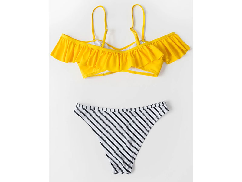Women's Yellow And Striped Ruffle Cold Shoulder Bikini