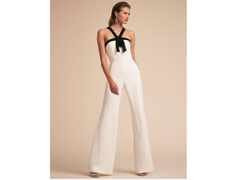 Women's White Jumpsuit Straps Two Tone Backless Long Wide Leg Jumpsuit