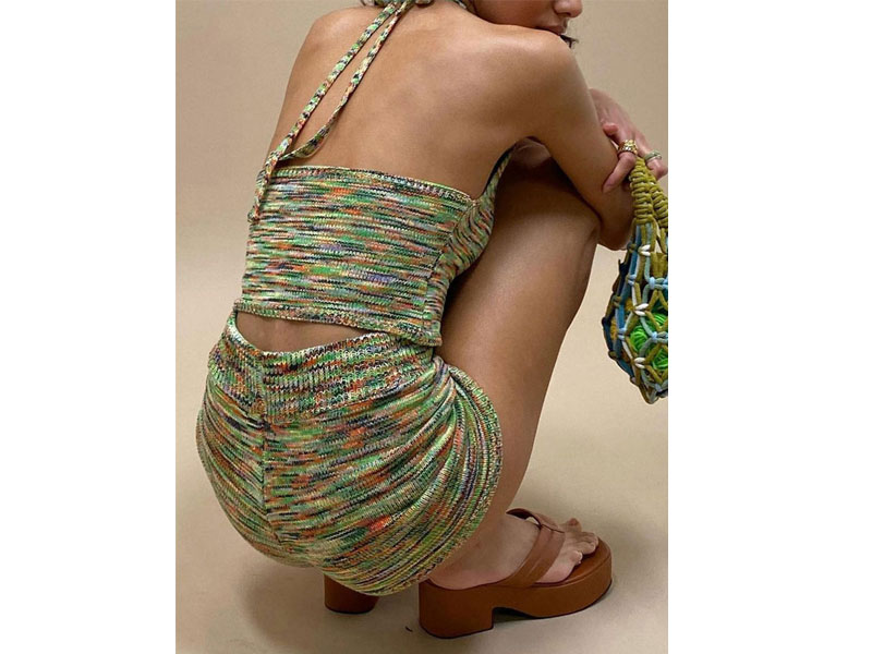 Women's Two Piece Sets Green Cotton Halter Crochet Metal Details Sleeveless Top