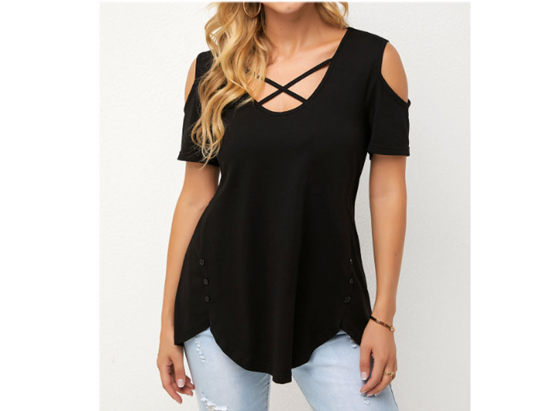 Women's Modlily Design Cold Shoulder Short Sleeve Solid T Shirt