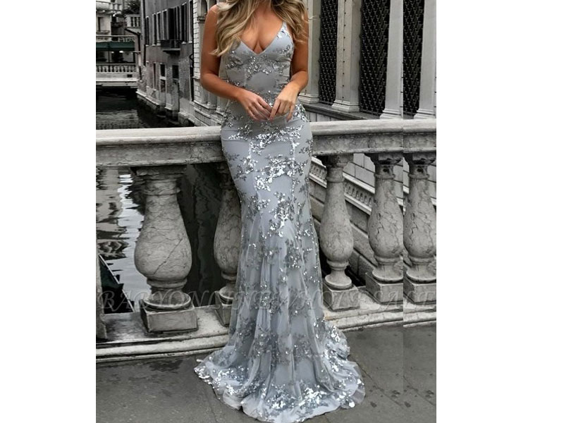 Women's Sage Mermaid V-neck Spaghetti Floor-length Crystal Beads Prom Dresses